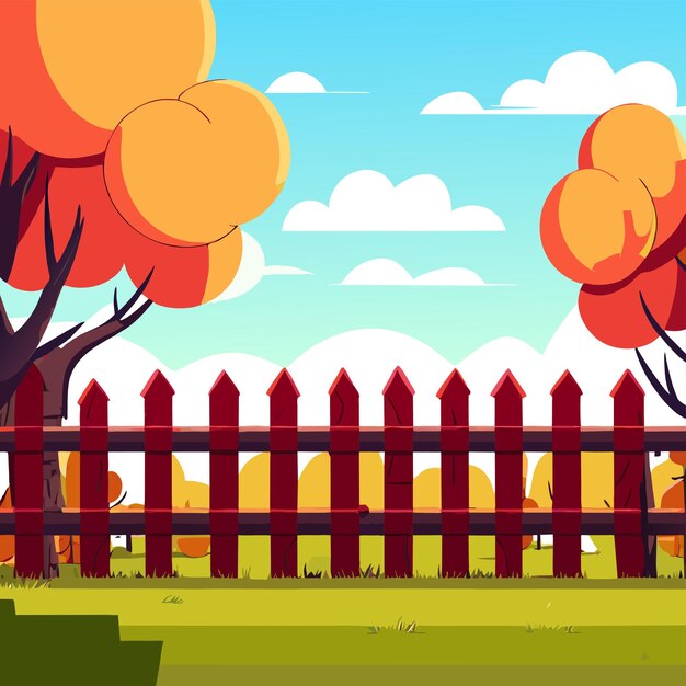Деревянные заборы на открытом воздухе фантазийный мир пейзаж вручную нарисованный плоский стильный значок наклейки мультфильма