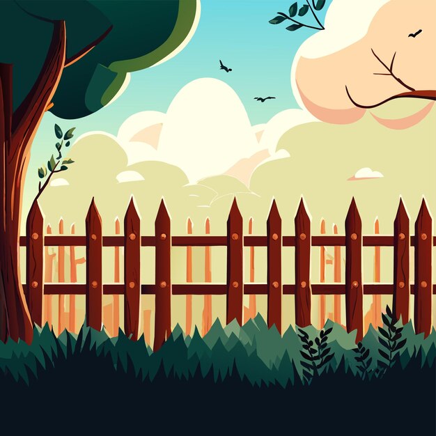 Wooden fences outdoor fantasy world landscape hand drawn flat stylish cartoon sticker icon