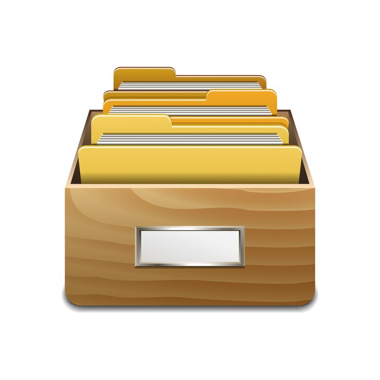 Vector wooden filling cabinet with yellow folders. illustrated concept of database organizing and maintaining.