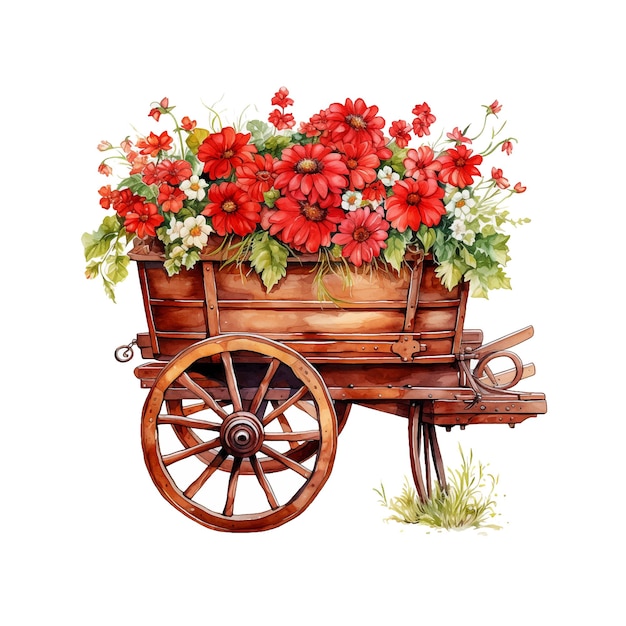 Wooden flower cart watercolor paint