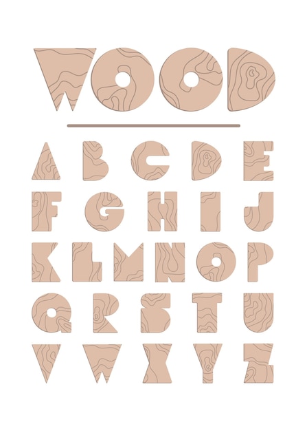 Wooden font letter elements set from a to z vector illustration in a minimalistic style