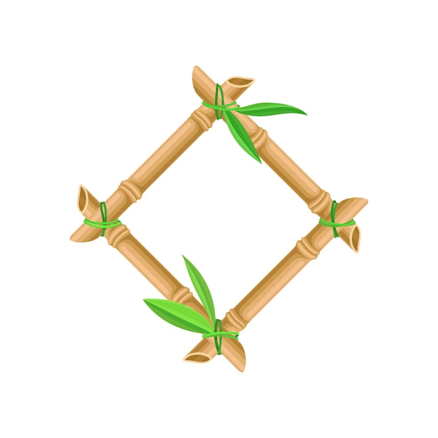 Wooden frame made of bamboo sticks and bamboo leaves vector Illustration on a white background