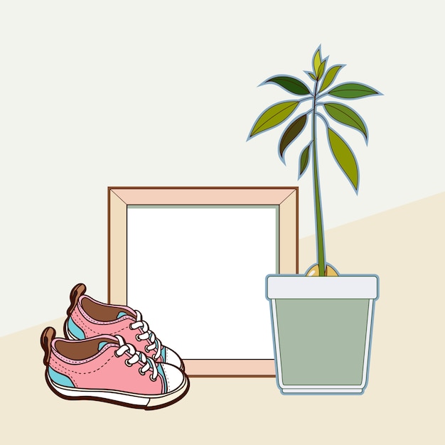 Wooden frame, sneakers and avocado plant.