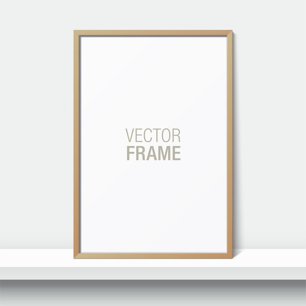 Vector wooden  frame standing on a shelf. blank picture frame leaning against the white wall.