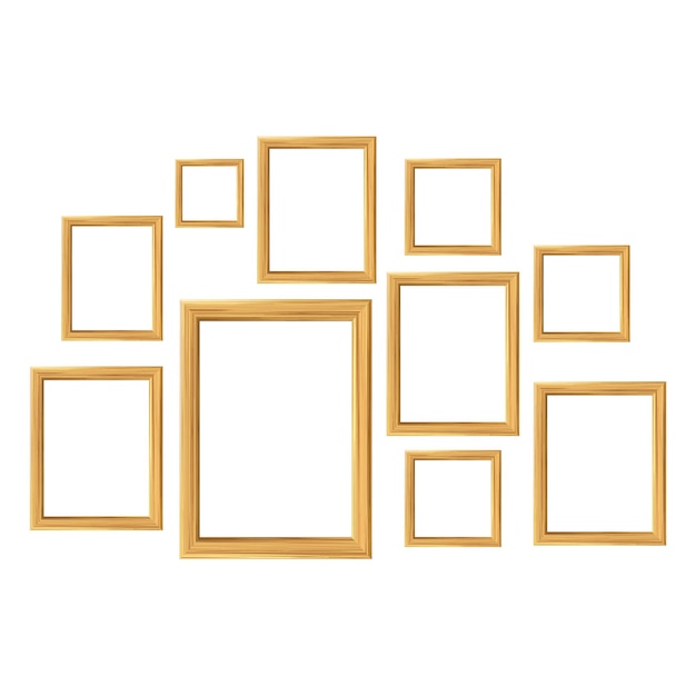 Wooden Frames For Pictures Collage Set Vector. Blank Wooden Frames For Paint Images Hanging In Museum. Creative Art Exhibition Canvas Sheets Borders Template Realistic 3d Illustration