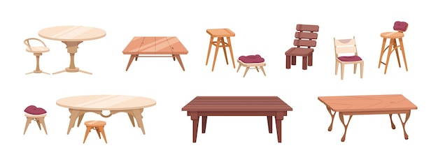 Деревянная мебель мультяшные столы и стулья для столовой и открытой террасы антикварные и современные столы из дерева барные стулья элементы интерьера на белом векторный домашний набор изделий из дерева