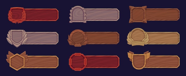 Wooden game interface banner vintage highquality labels and star badges with empty titles for rpg web design fantasy rating bars vector set