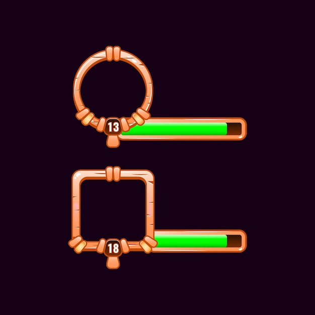 Vector wooden game ui border frame with level and progress bar