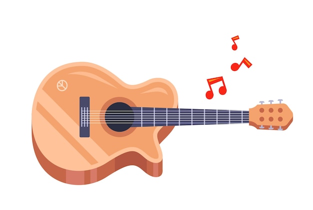 Wooden guitar on a white background. studying a musical instrument. flat vector illustration.