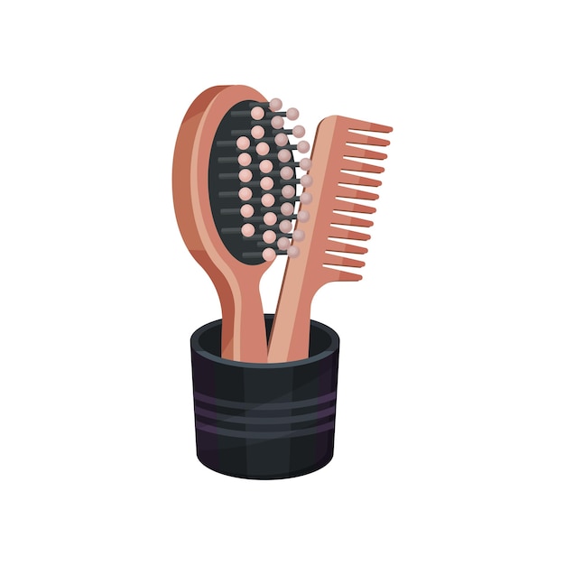 Wooden hairbrush and comb in black cup hairdressing symbols beauty industry flat vector icon