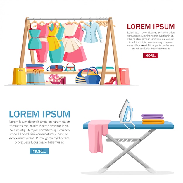 Wooden hanger rack with female clothes and handbags with shoes on floor. iron and ironing board. flat illustration with place for text. concept design for website or advertising.