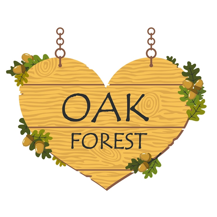Vector wooden hanging sign in the shape of a heart with oak leaves and acorns illustrated vector clipart