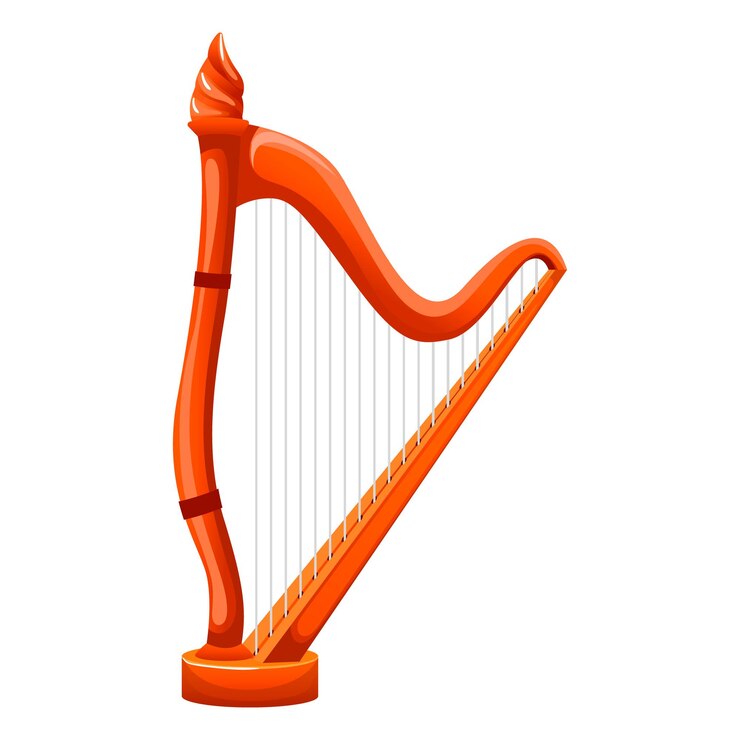 Vector wooden harp stringed philharmonic musical instrument isolated on white background red wood harp ornate carved vintage classic style for banners flyers posters and invitations vector illustration