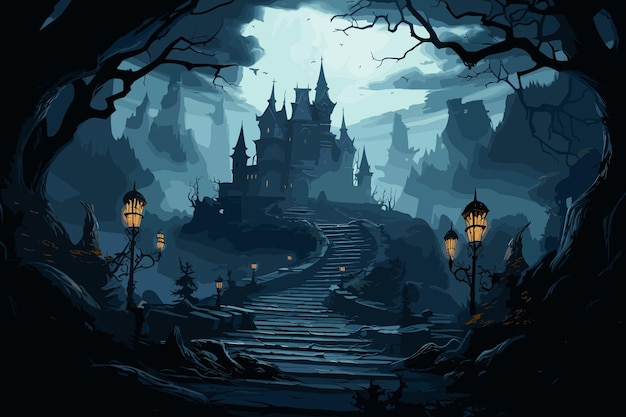 Вектор Деревянный дом с привидениями и полная луна жуткий старый дом с привидениями в жутком темном лесу