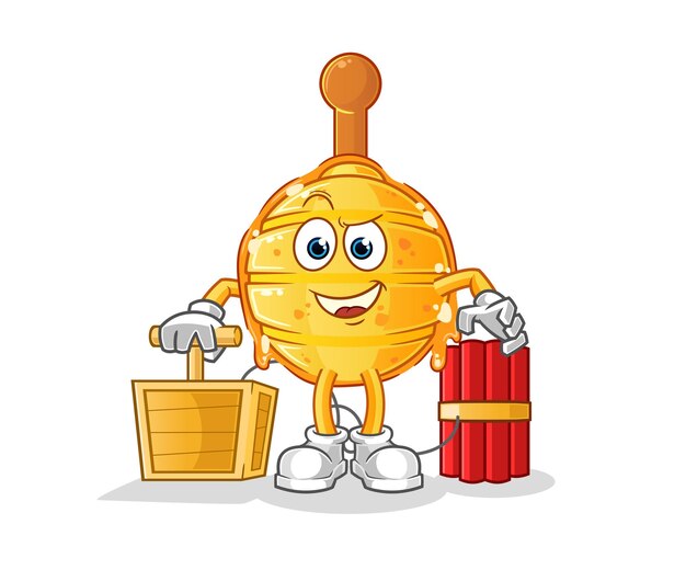 Wooden honey dipper holding dynamite detonator. cartoon mascot vector