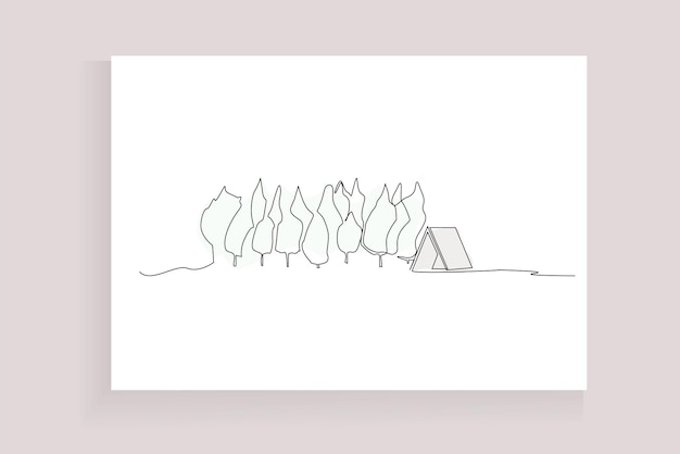 Vector wooden house bungalow among the trees in the forest rest travel line art