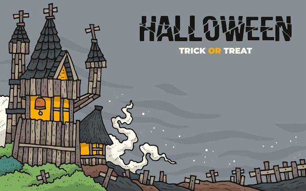 Wooden house cartoon for halloween day with graveyard background