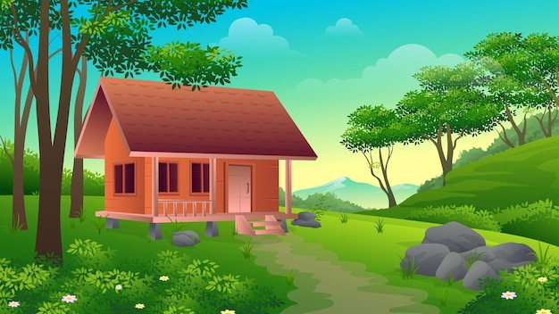 wooden house on hill with green fields, trees and beautiful natural views