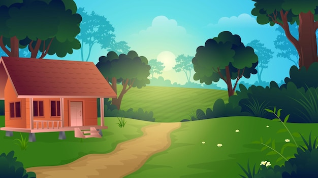 Wooden house on a hill with shady trees, footpath and plantation land vector illustration