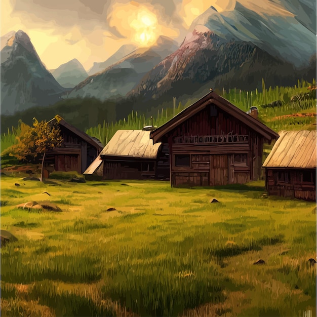 Vector wooden house on meadow against backdrop forests and mountains forester shack summer landscape wooden