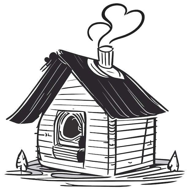 Vettore cabina di neve della casa di legno nell'illustrazione isolata concetto dell'icona dell'autoadesivo del fumetto disegnato a mano di inverno