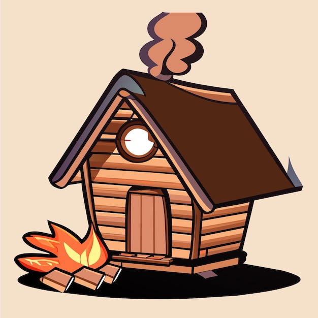 Wooden house snow cabin in winter hand drawn cartoon sticker icon concept isolated illustration