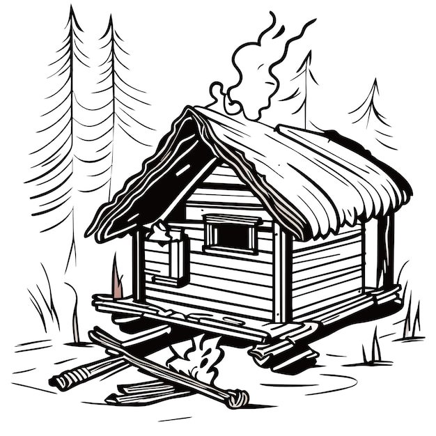 Wooden house snow cabin in winter hand drawn cartoon sticker icon concept isolated illustration