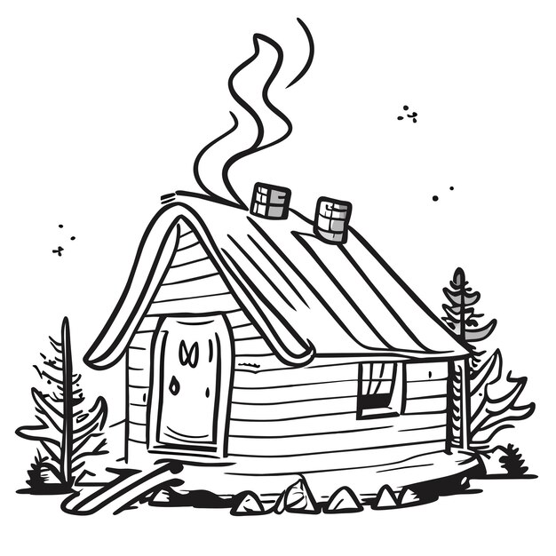 Wooden house snow cabin in winter hand drawn cartoon sticker icon concept isolated illustration