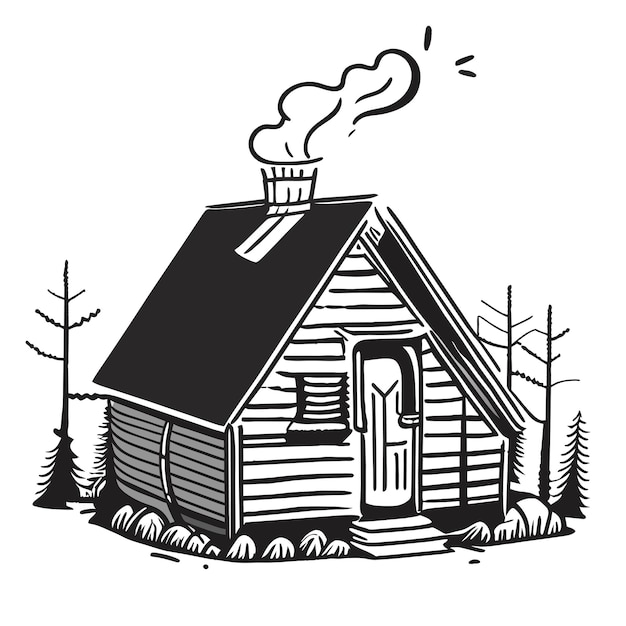 Wooden house snow cabin in winter hand drawn cartoon sticker icon concept isolated illustration