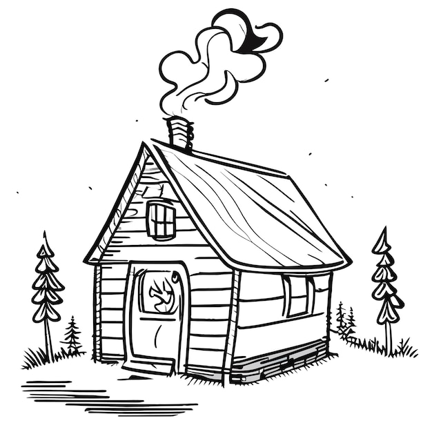 Wooden house snow cabin in winter hand drawn cartoon sticker icon concept isolated illustration