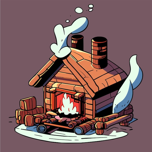 Wooden house snow cabin in winter hand drawn cartoon sticker icon concept isolated illustration