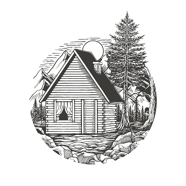 wooden house in the wild premium vector