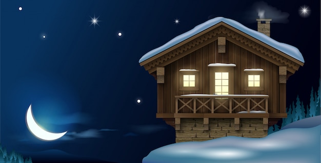 Vettore casa in legno in montagna invernale