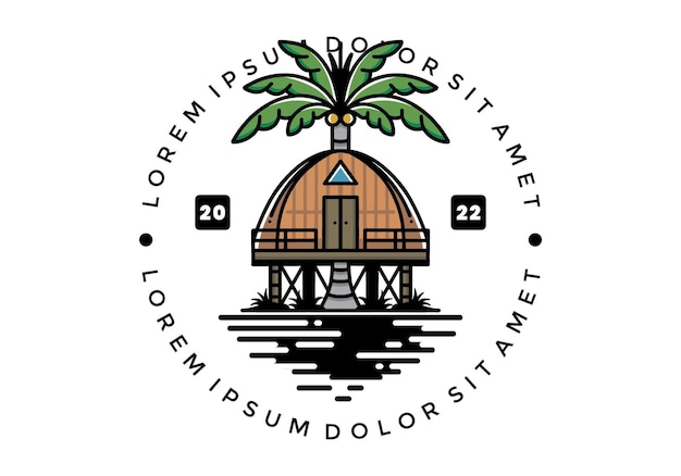 Wooden house with big coconut tree badge design