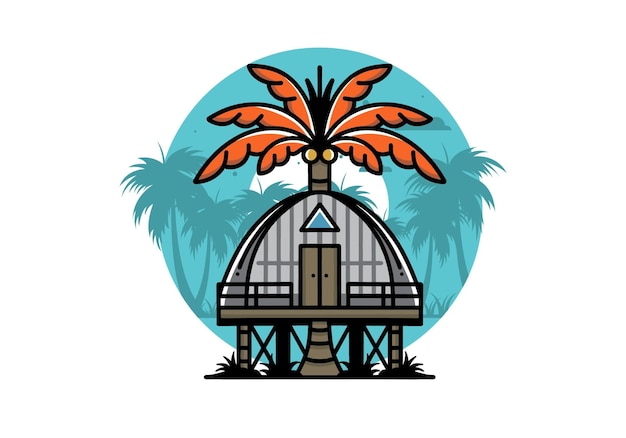 Vector wooden house with big coconut tree badge design