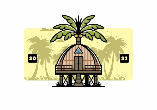 Vector wooden house with big coconut tree badge design