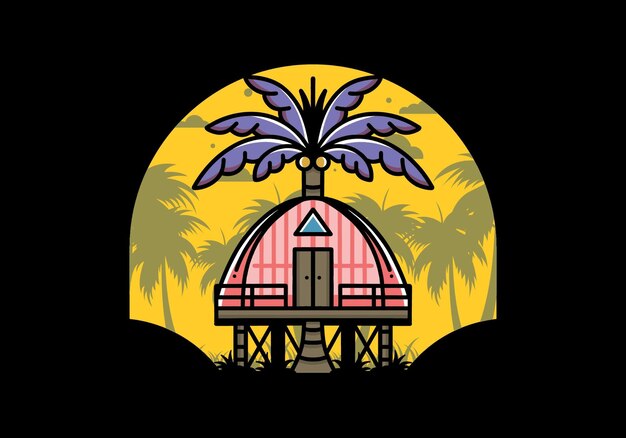 큰 코코넛 나무 배지 디자인이 있는 목조 주택