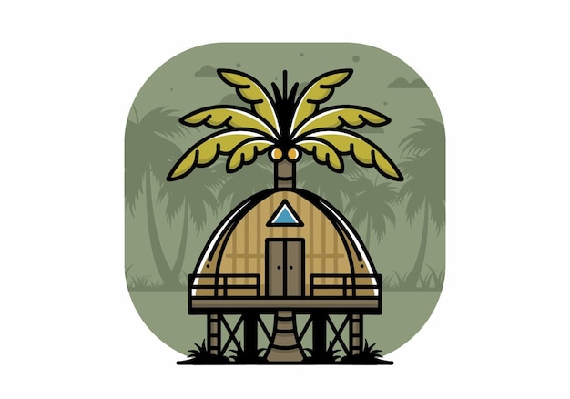 Vector wooden house with big coconut tree badge design