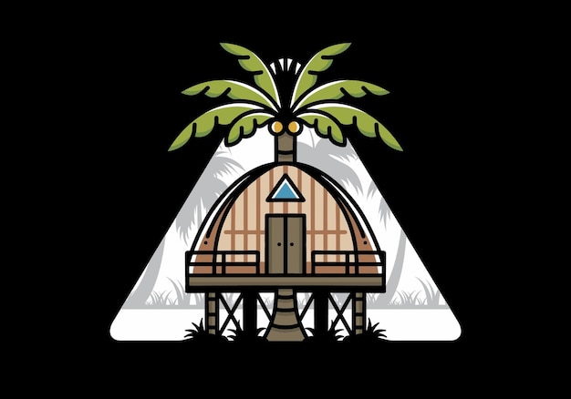 Wooden house with big coconut tree badge design