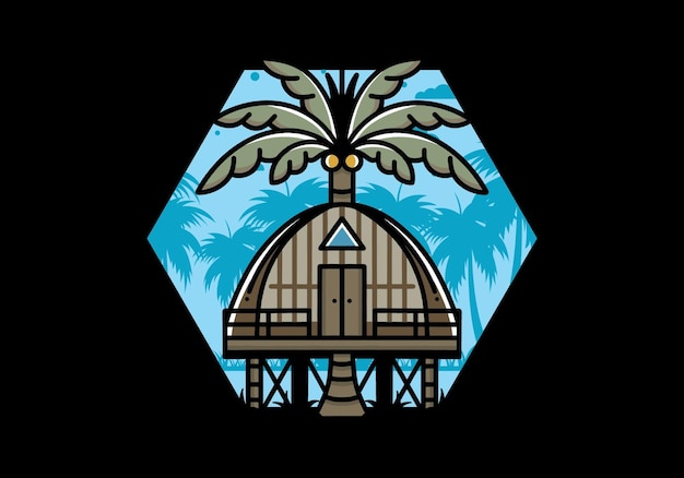 Wooden house with big coconut tree badge design