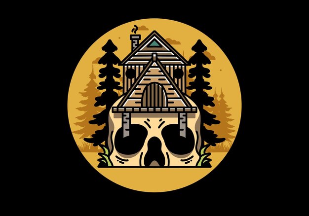 Wooden house with skull foundation illustration