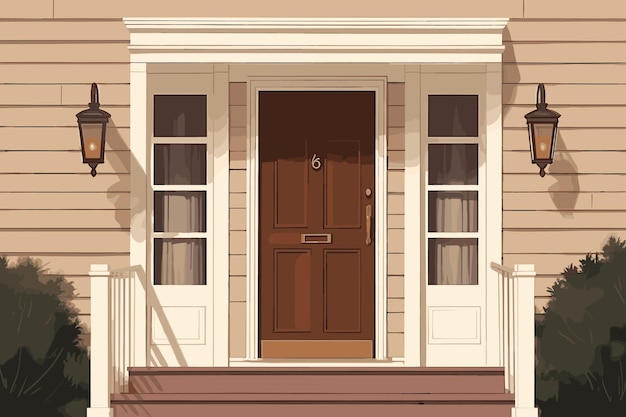 House door front with doorstep and steps, window, - vector clipart