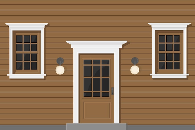 Vector a wooden house with white windows and white door brown