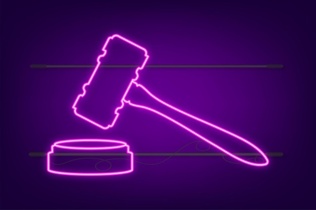 Wooden judge gavel and soundboard neon sign. Vector stock illustration.