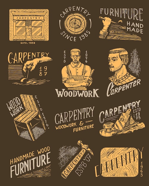 Wooden labels set for workshop or signboards woodworker carpenter man joiner and furniture hammer