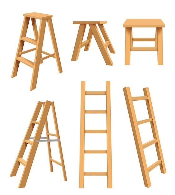 Vector wooden ladders. interior household equipment standing on tools for home library step ladder for bookshelf vector realistic illustrations. stepladder folding, interior comfortable construction