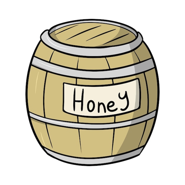 Деревянная большая бочка с медом, векторная иллюстрация меда в мультяшном стиле