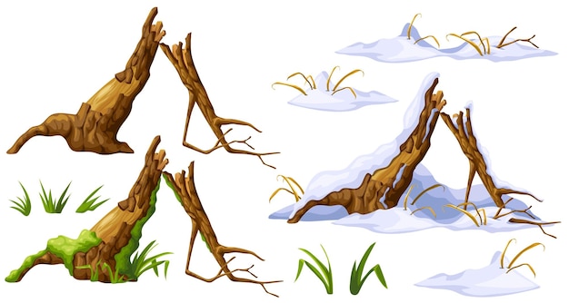 Vector wooden log in moss under snow cartoon tree in swamp and snowdrifts