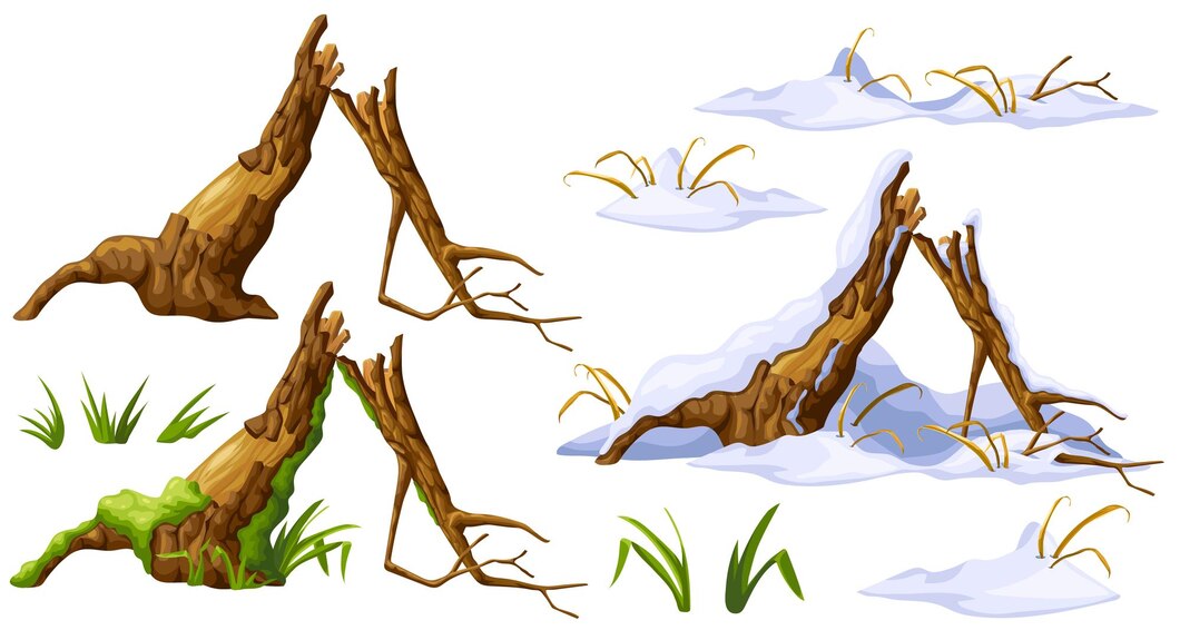 Premium Vector | Wooden log in moss under snow cartoon tree in swamp