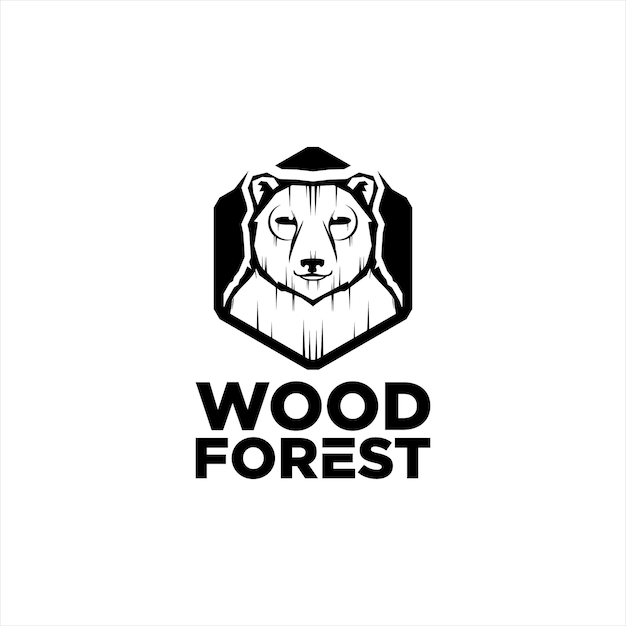 Wooden logo animal forest bear in hexagon frame